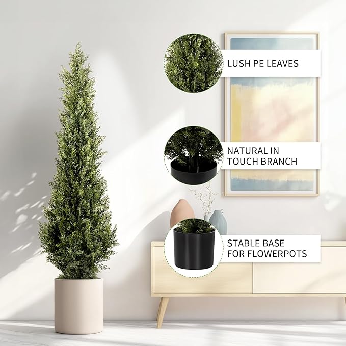 3 FT Artificial Cedar Topiary Trees 2 Set, Realistic Fake Cypress Tree Tall Faux Pine Shrubs Plants Artificial Cypress Trees for Home Offices Porch Decor (3 FT)
