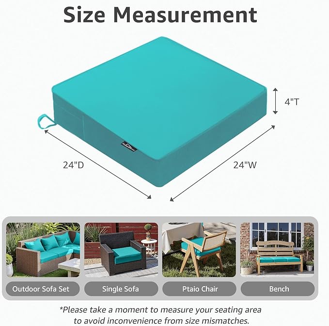 Outdoor Chair Cushions 24 x 24 x 4 Inch, Waterproof & Fade Resistant Patio Seat Cushion for Furniture with Handle and Ties, Thick Seating Pads for Outside Sofa Couch Set of 2, Teal