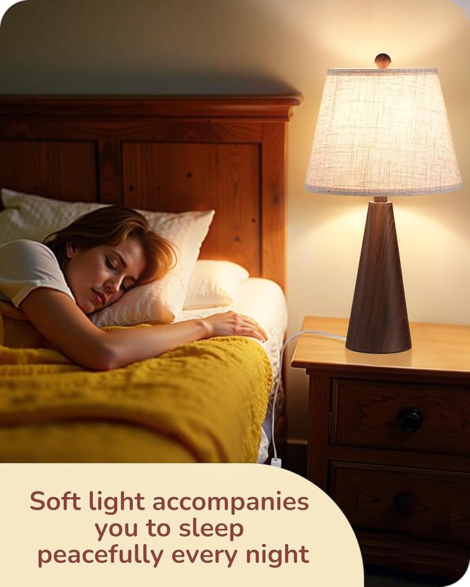 EDISHINE 21.85" Boho Table Lamp, Farmhouse Bedside Lamp, Water Transfer Red Wood Grain Metal Base, Beige Linen Shade, Rustic Nightstand Light for Living Room, Bedroom, Office, E26 Base