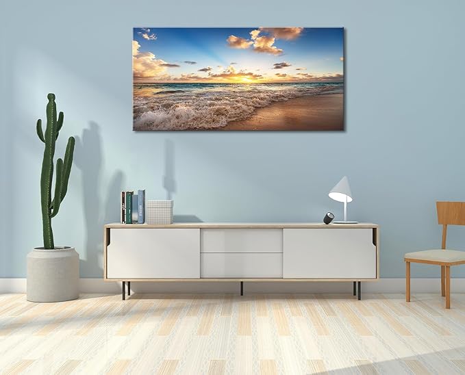 Large Beach Wall Art for Living Room Coastal Canvas Painting Decor - Sunrise Ocean Picture Nature Seascape Artwork Poster Print for Office Bedroom Decoration 20"x40"