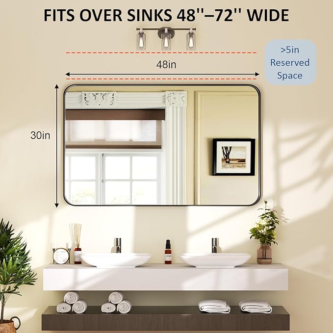 48×30 Black Mirror for Bathroom Sink - Rectangle Mirrors for Vanity with Rounded Corners & Tempered Glass for Bathroom, Restroom, Entryway, Horizontal/Vertical Wall Mounted, Aluminum Frame