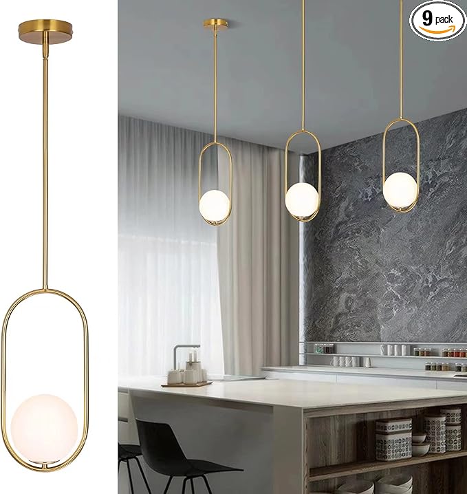 SeeU Modern Pendant Lighting Gold Globe Pendant Light Fixture,Mid Century Chandelier One Light Hanging Fixture for Kitchen Island,Adjustable Length Indoor Lighting for Dinning Room Bedroom