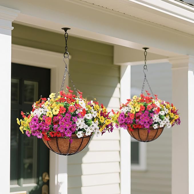 2 Pack Outdoor Artificial Flowers with Hanging Basket, Fake Hanging Flowers for Spring Summer Front Porch Patio Yard Garden Home Decor (Creamy White, Red, Purple, Yellow)