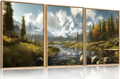 Large Watercolor Snow Mountain Framed Canvas Wall Art,Modern River Grassland Wall Decor,Natural Green Forest Artwork,Neutral Wood Landscape Art Print for Living Room,Bedroom,Office-24 x36 x3