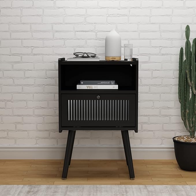 Mid Century Modern Nightstand, Side Table with Storage, Bedside Tables with Glass Door, End Table with Solid Wood Legs for Bedroom, Living Room and Small Spaces, Black