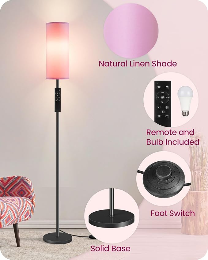 2 Pack Dimmable Pink Floor Lamps for Living Room with 2 Remotes and Foot Switch, Corner Floor Lamp, 66'' Standing Tall Lamp, 10W 900LM Bulb Included, 3000K-6500K, Linen Shade, FCC Listed P06LDP205W1
