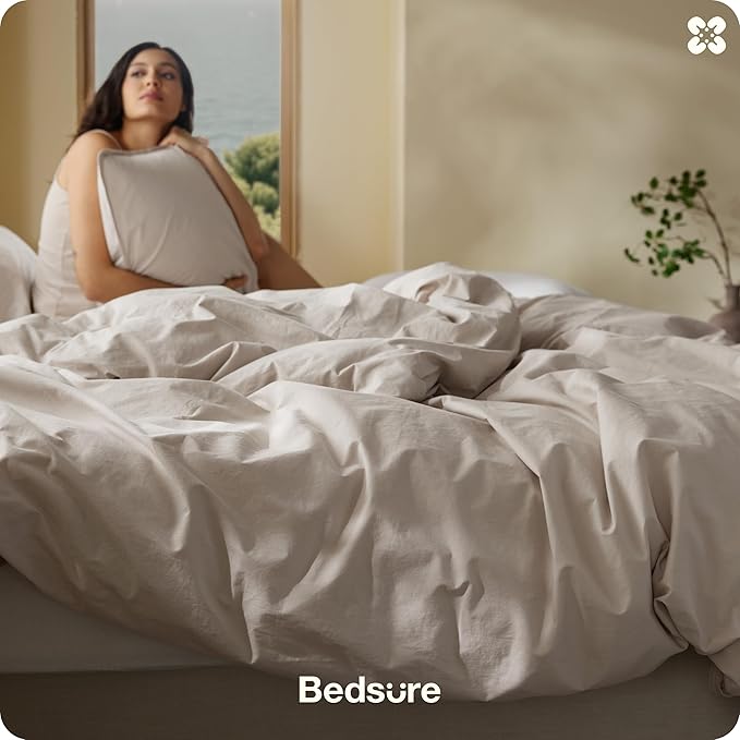 Bedsure Cotton Duvet Cover Queen Size - Luxury Slub Weave 100% Cotton Duvet Cover Set with a Linen Like Textured, Easy Change Durable Bedding Set 3 Pieces, Natural Linen, 90" x 90"