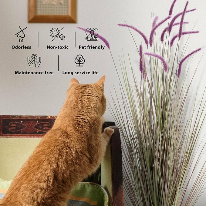 KOL Artificial 5ft Purple Horsetail Reed Grass, 59in Tall Artificial Indoor Outdoor Fake Grass Plant, Home Office Decorative Artificial Plants & Flowers in Pot Faux Plant Greenery, Wedding Decor