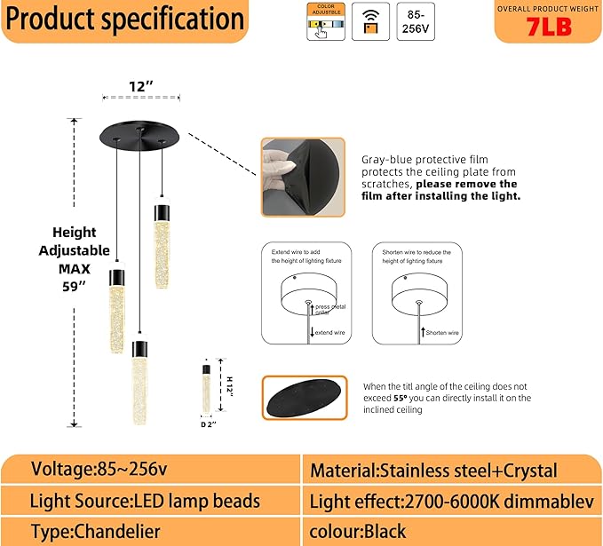 Dimmable 3-Light Pendant Lights Kitchen Island Crystal Hanging Light Modern Black Ceiling Light for Dinning Room Living Room