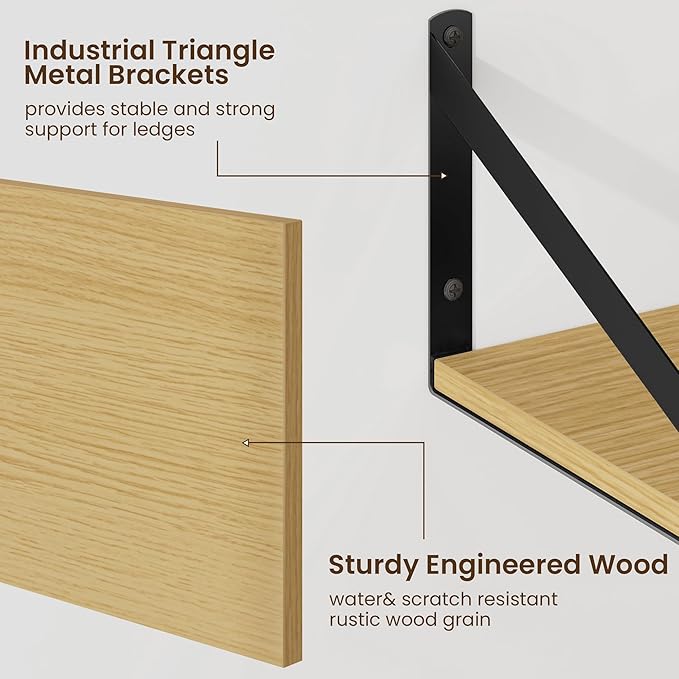 Fun Memories Floating Shelves for Wall, 12 Inch Deep Floating Shelves Set of 2, 48W x 12D Large Wall Shelf with Sturdy Metal Brackets for Living Room, Bathroom, Bedroom and Kitchen, Oak