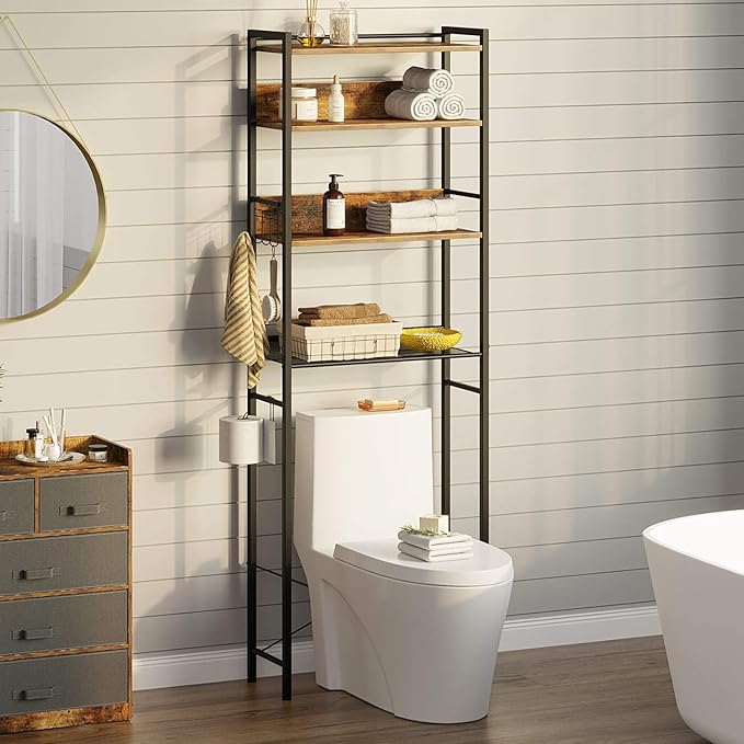 Rolanstar Over The Toilet Storage 4-Tier, Freestanding Bathroom Organizer, Sturdy Behind Toilet Rack with Hooks, Space-Saving Design, Fits Most Toilets, Rustic Brown