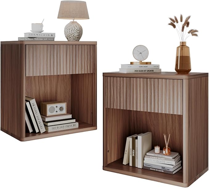 WLIVE Night Stand Set of 2, Wood Nightstand Sets with Storage Drawer and Open Shelf, Fluted Bedroom Nighstands, Mid Century Bed Side Table, End Tables Living Room, Dorm, Home Office, Carrocci Brown