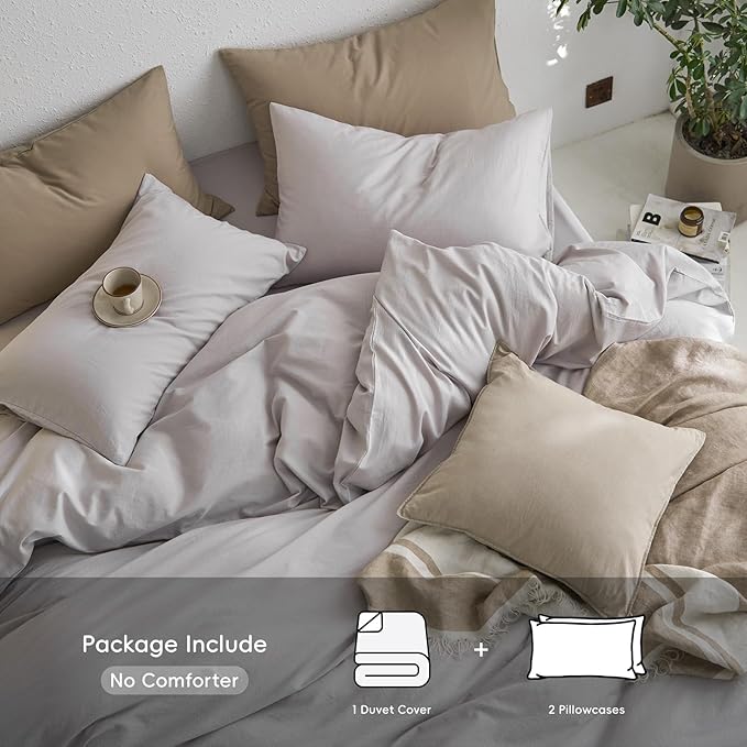 MooMee Queen Duvet Cover Set, 100% Washed Cotton Linen Like Twill Thick Sturdy Material Super Soft Breathable Durable Bedding for All Season, 3 Pieces (Light Gray, Queen 90"x90")
