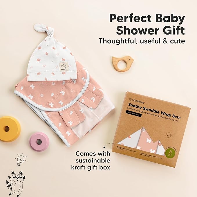 KeaBabies 3-Pack Swaddles for Newborns, Girls, Boys with Hats - Organic Soft Baby Sleep Sacks, Breathable Baby Swaddle 3-6 Months Beanies Set, Premie Infant Sleep Sack 0-3 Months (Butterflies)