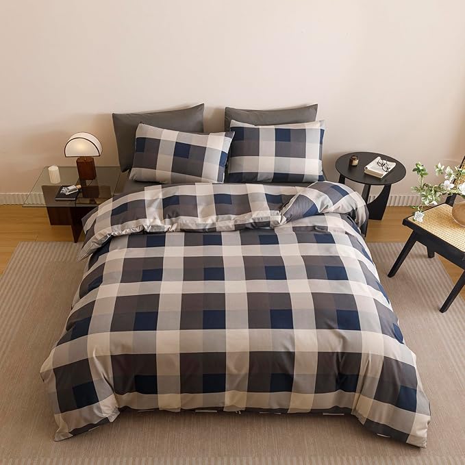 CLOTHKNOW Plaid Comforter Set King Gingham Buffalo Bedding Comforter Sets Blue Grey Khaki Brown Beige Geometric Comforter King Sets with 2 x Pillow Cases