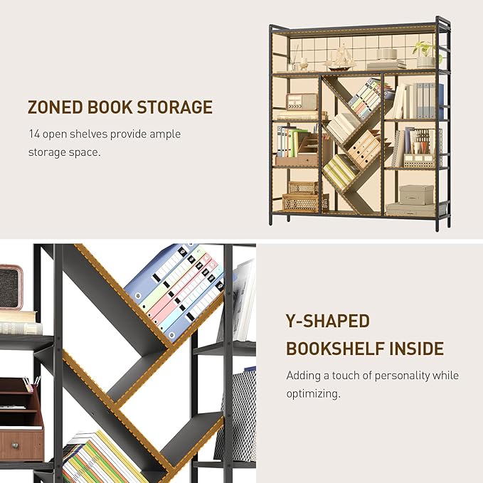 Industrial Triple 5-Tier Bookshelf, Large Wide Bookcase with 20 Open Display Shelves, Modern Tree Bookcase Metal Frame Bookshelf with Hanging Function for Living Room Home Office, Black