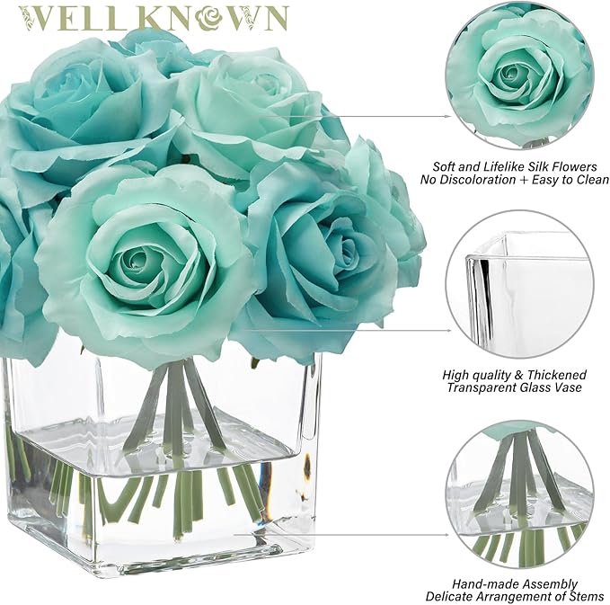 WELL KNOWN Rose Artificial Flowers in Vase with Faux Water, Silk Rose Table Centerpieces for Home Coffee Table Decor, Fake Roses Flower Arrangements for Office Hotel Lavatory Decor (Light Teal Blue)