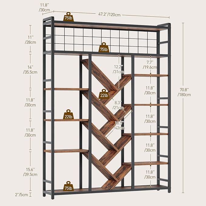 Triple 7-Tier Bookshelf, Industrial Large Bookcase with 20 Open Display Shelves, Modern Tree Bookcase with Metal Frame and Hanging Function for Living Room, Home Office, Rustic Brown and Black