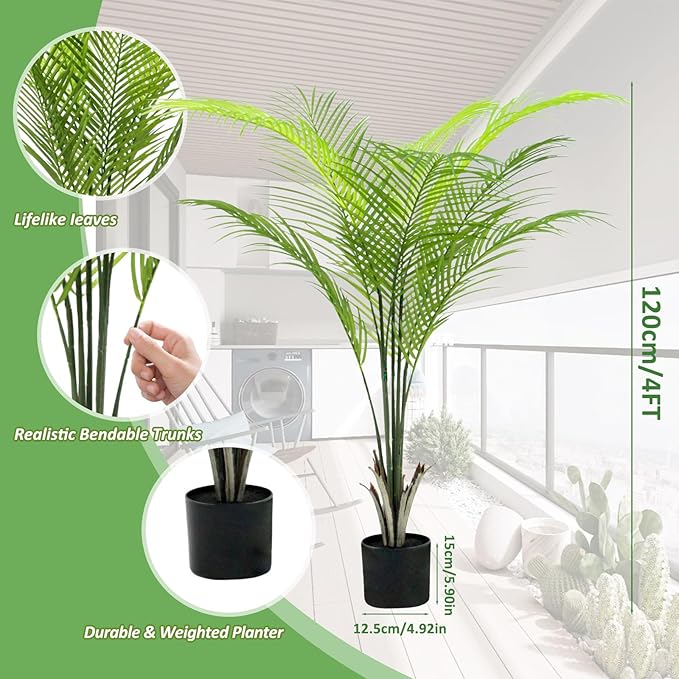 4FT Artificial Palm Tree – Realistic Faux Tropical Plant with UV-Resistant Leaves, Maintenance-Free Indoor Outdoor Palm Plant for Home Office Patio Décor