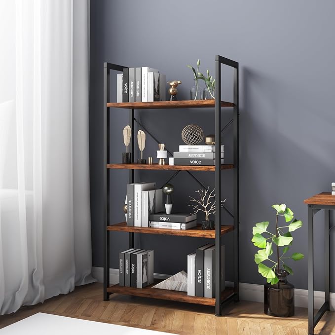 VERMESS 4 Tier Bookshelf, Tall Book Shelf, Vintage Industrial Bookcase with Open Display Shelves, Wood Storage Shelving Unit Metal Frame Standing Bookshelves for Bedroom/Home/Office, Rustic Brown