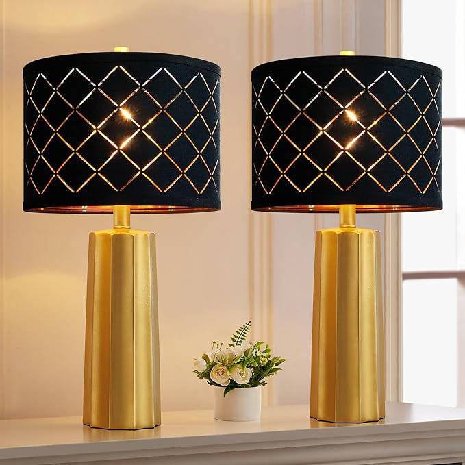 RORIANO Set of 2 Modern Table Lamps for Living Room Bedroom, Gold Nightstand Resin Lamps with Black Grid Shade, Contemporary Desk Lamps for Bedside End Tables, 2 Bulbs Included (Gold)