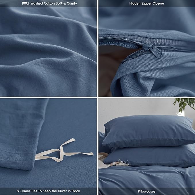 MooMee Super Queen Duvet Cover Set, 100% Washed Cotton Linen Twill Thick Sturdy Material Super Soft Breathable Durable Bedding for All Season, 3 Pieces (Blue, Super Queen 90"x98")
