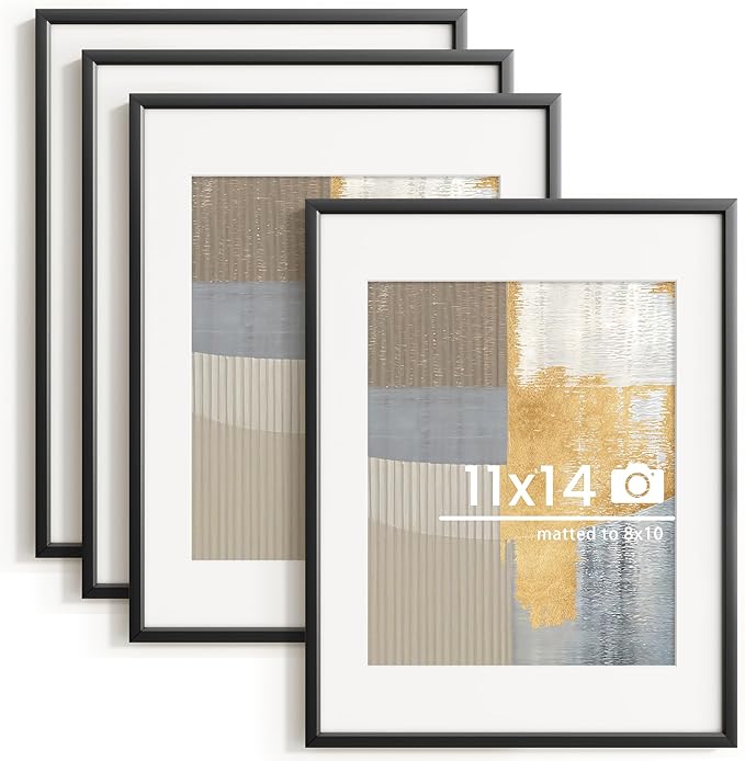 11x14 inch Metal Picture Frame - 11 x 14 Thin Aluminum Photo Frames with 8x10 Removable Mat - High Definition Plexiglass - Vertical and Horizontal Display - Wall Hook Hanging Hardware Included - Black, Set of 4