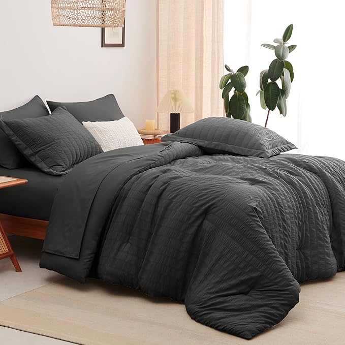 CozyLux Queen Comforter Set Dark Grey Seersucker 7 Pieces Bed in a Bag Queen Comforter Set with Sheets, Luxury Soft Bedding Set with Down Alternative Comforter, Sheets, Pillowcases & Shams All Seasons