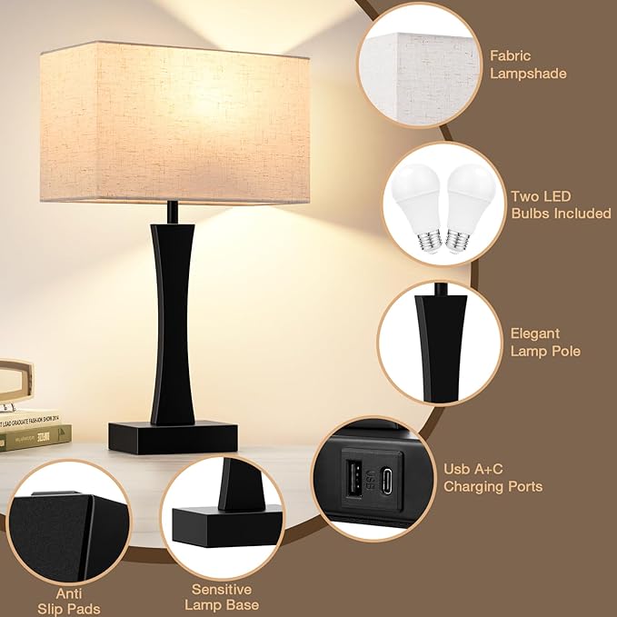 Bedside Lamps for Night Stands - 3 Way Dimmable Table Lamp for Bedroom with USB C+A Ports,Modern Bedside Lamps Set of 2, Touch Lamps for Nightstands(Cream)