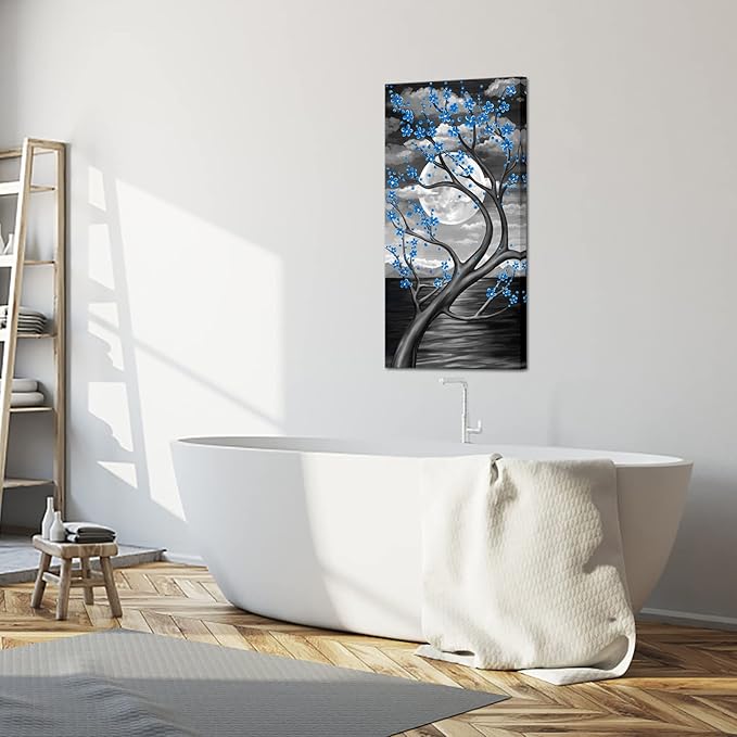 KREATIVE ARTS Blue Flower Tree Wall Art for Bedroom Cherry Blossom Tree in Full Moon Night Landscape Canvas Prints Artwork for Home Wall Decoration Ready to Hang Vertical 20x40inch (Blue)