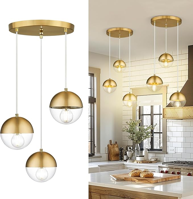 LMS Brushed Gold 3-Light Cluster Pendant Lights, Modern Kitchen Island Lighting with Clear Globe Glass Shade, Adjustable Hanging Cord Ceiling Light for Home Office Bathroom Dining Room, LMS-186BGC3