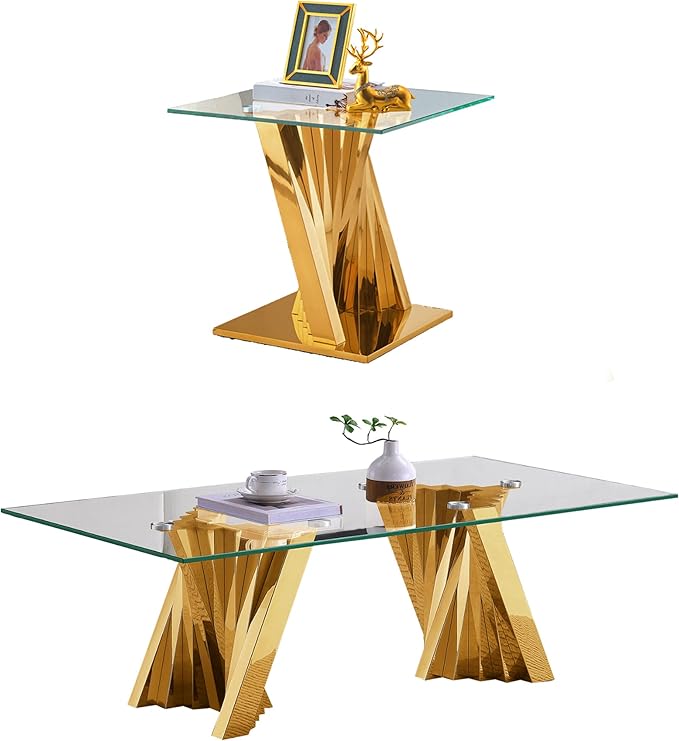 Glass 2 Piece Living Room Table Sets,2-Piece Table Set Includes Glass Coffee Table and End Tables with Stainless Steel Frame,Modern Coffee Table Set of 2 for Living Room