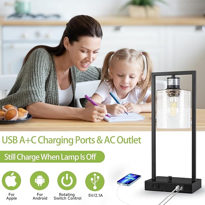 16" Set of 2 Industrial Table Lamps with USB A+C Charging Ports and AC Outlet, Fully Stepless Dimmable Bedside Lamps with Seeded Glass Shade for Bedroom Living Room Office, LED Bulbs Included