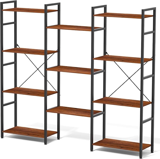 Triple 4 Tier Bookshelf, Tall Book Shelf with 11 Open Display Shelves, Adjustable Industrial Bookcase in Living Room, Bedroom, Wide Metal Bookshelf Book Case for Home & Office, Rustic Brown