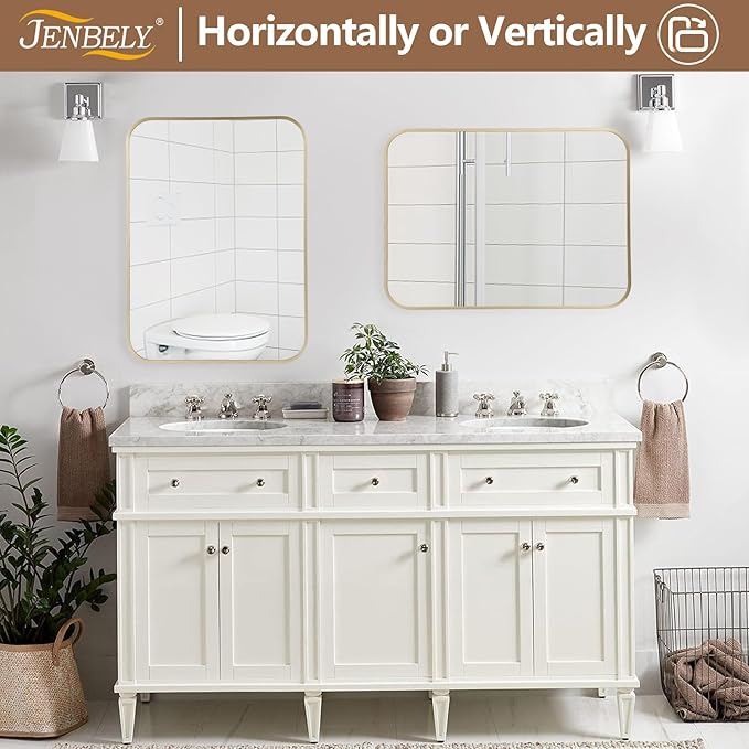 Gold Mirror, 24x36 Inch Framed Rectangle Mirror with Rounded Corner, Brushed Brass Mirror, Gold Bathroom Mirror for Over Sink, Vanity, Living Room, Bedroom, Horizontal/Vertical