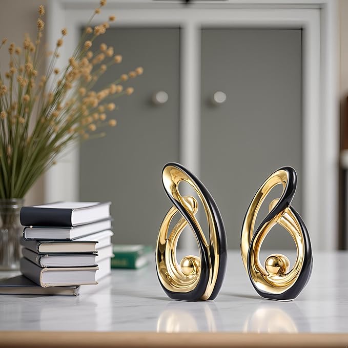 XMGZQ Home Decor Accent,Porcelain Art Mid Century Bookshelf Decorations,Gold Centerpieces for Tables,Abstract Ceramic Statue Sculpture for Coffee Table Mantel Tv Stand Centerpieces (Black, Small)