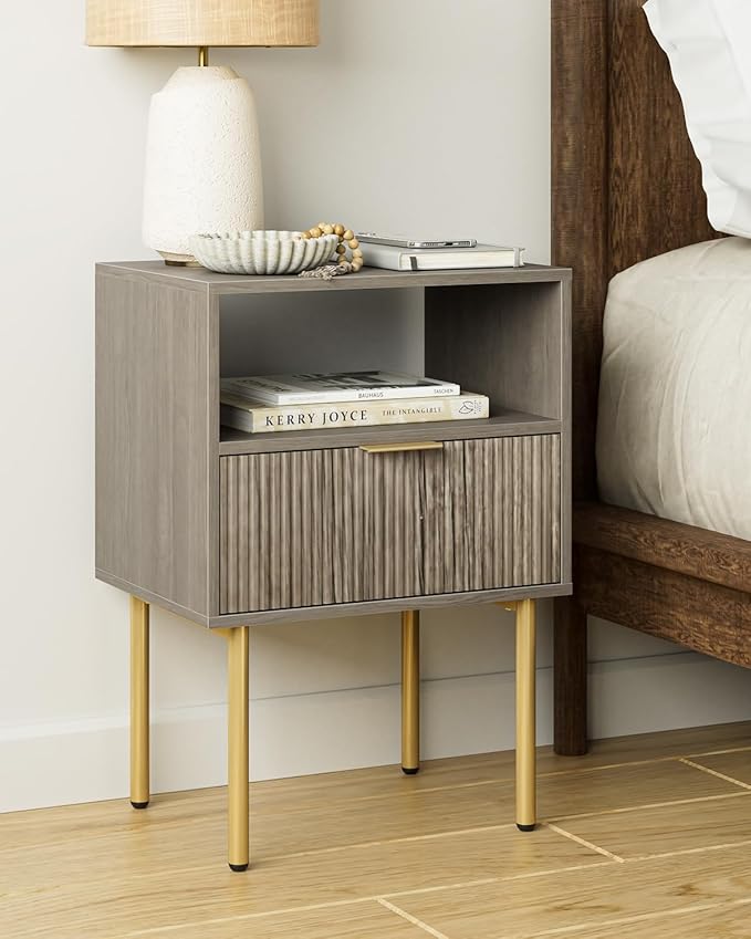 Nightstand,Morden Bedside Table with Gold Frame,Small White Night Stand,End Table,Bedside Furniture,Side Table with Drawer and Shelf for Bedroom,Living Room (1Drawer, Grey)