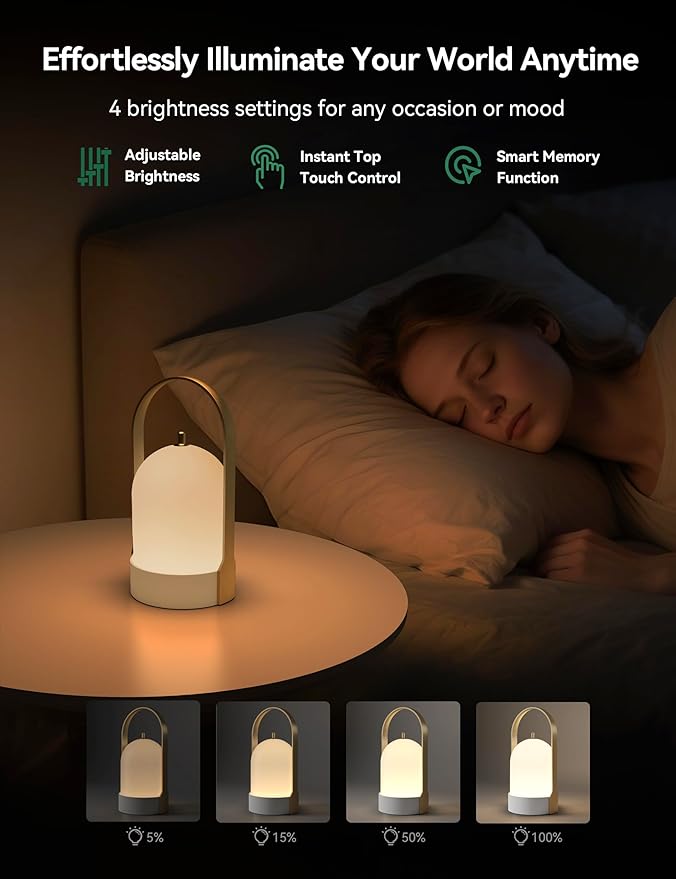 Tubicen Portable Lamp, Battery Operated Cordless Outdoor Table Lamps Rechargeable 4-Level Touch Dimmable IP44 Shower Lamp, Night Light for Patio Camping Dining Room Bedroom (Brass White, Waterproof)