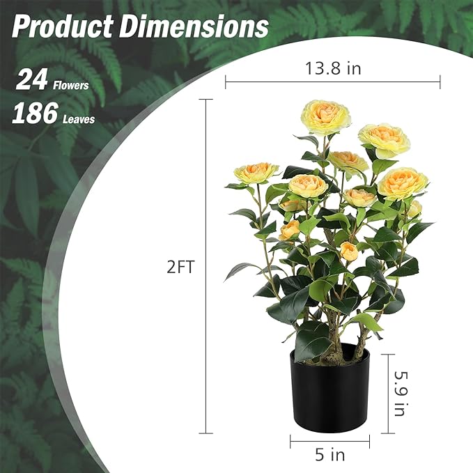 Romantic Season 2FT Yellow Artificial Camellia Tree 2Pack, Faux Camellia Plant Fake Potted Camellia Flower Tree for Modern Home Office Living Room Floor Décor