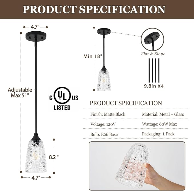 Black Pendant Lights Kitchen Island 2 Pack, Hammered Glass Pendant Light Fixtures with Clear Glass and Rods, Adjustable Modern Hanging Light for Kitchen Sink Dining Room Bedroom, E26