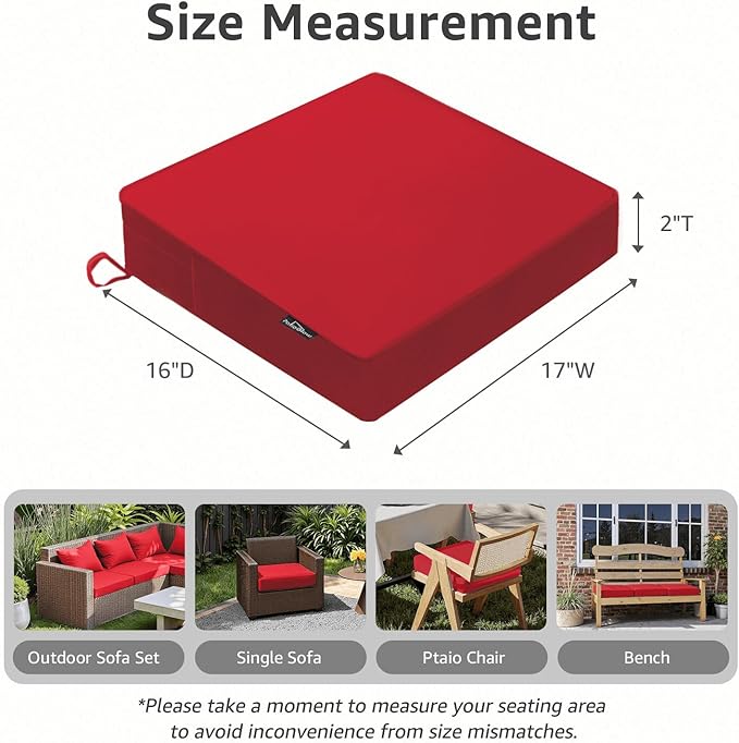 Outdoor Chair Cushions 17 x 16 x 2 Inch, Waterproof & Fade Resistant Patio Seat Cushion for Furniture with Handle and Ties, Thick Seating Pads for Outside Sofa Couch Set of 2, Red