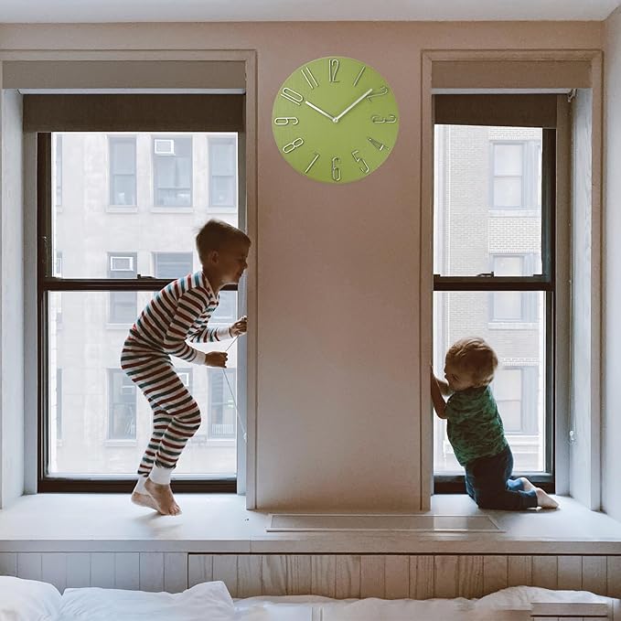 12 Inch Wall Clock Silent Non Ticking, Preciser Modern Style Decor Clock for Home, Office, School, Kitchen, Bedroom, Living Room（Yellow Green）