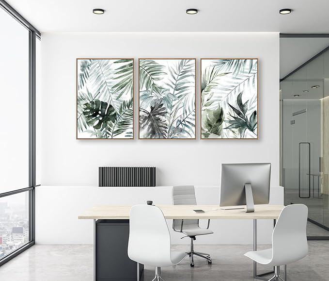 Large Framed Canvas Wall Art - Natural Float Framed Tropic Leaf Pictures Wall Art Prints for Living Room Decor Green Plants Artwork for Bedroom Kitchen Home Office Decoration 60" X 28" Set of 3