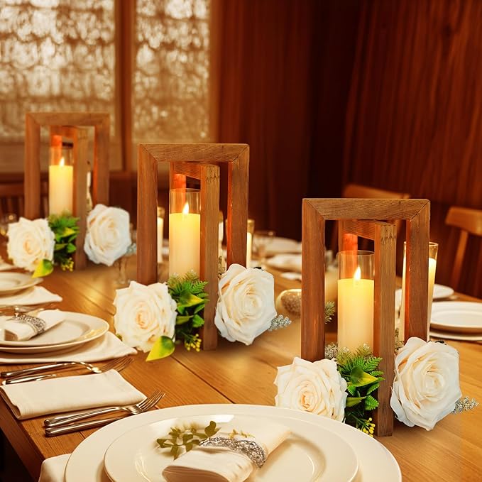 OurWarm 10Pcs Wedding Centerpieces for Tables, Foldable Centerpiece Table Decorations Center Pieces Decoration for Table, Rustic Wood Lantern Centerpieces for Tables Wedding Party Table Decor (Brown)