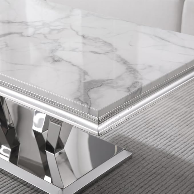 SSLine Rectangular Faux Marble Coffee Table for Living Room Modern Luxury White Marble Center Table with Silver Diamond Base 46.8" Mid-Century Cocktail Table with Mirrored Stainless Steel Frame