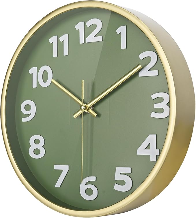 Wall Clock, 10 Inch Silent Wall Clocks Battery Operated, Modern Non-Ticking Analog Clock Decorative for Kitchen Bedroom Office Bathroom- Olive Green and Gold