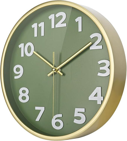 Wall Clock, 10 Inch Silent Wall Clocks Battery Operated, Modern Non-Ticking Analog Clock Decorative for Kitchen Bedroom Office Bathroom- Olive Green and Gold
