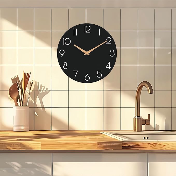 Wall Clock, 14 Inch Wooden Silent Non-Ticking, Decorative Battery Operated Wall Clocks for Bedroom, Kitchen, Home, Living Room, Office, School, Hotel (Black)