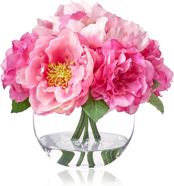 WELL KNOWN Artificial Flowers in Vase, Peonies Artificial Flowers for vase with Faux Water for Coffee Table Decor, Silk Fake Flower Arrangements Peonies Table Centerpieces (Peach Pink)