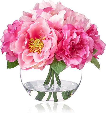 WELL KNOWN Artificial Flowers in Vase, Peonies Artificial Flowers for vase with Faux Water for Coffee Table Decor, Silk Fake Flower Arrangements Peonies Table Centerpieces (Peach Pink)